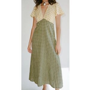 Lisa Says Gah! Green & Yellow Gingham Maxi Grace Dress Cotton Bell Sleeve Sz M